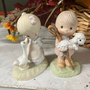 Precious Moments Pastel Figurine Set - Boy with Lamb and Girl with Goose
